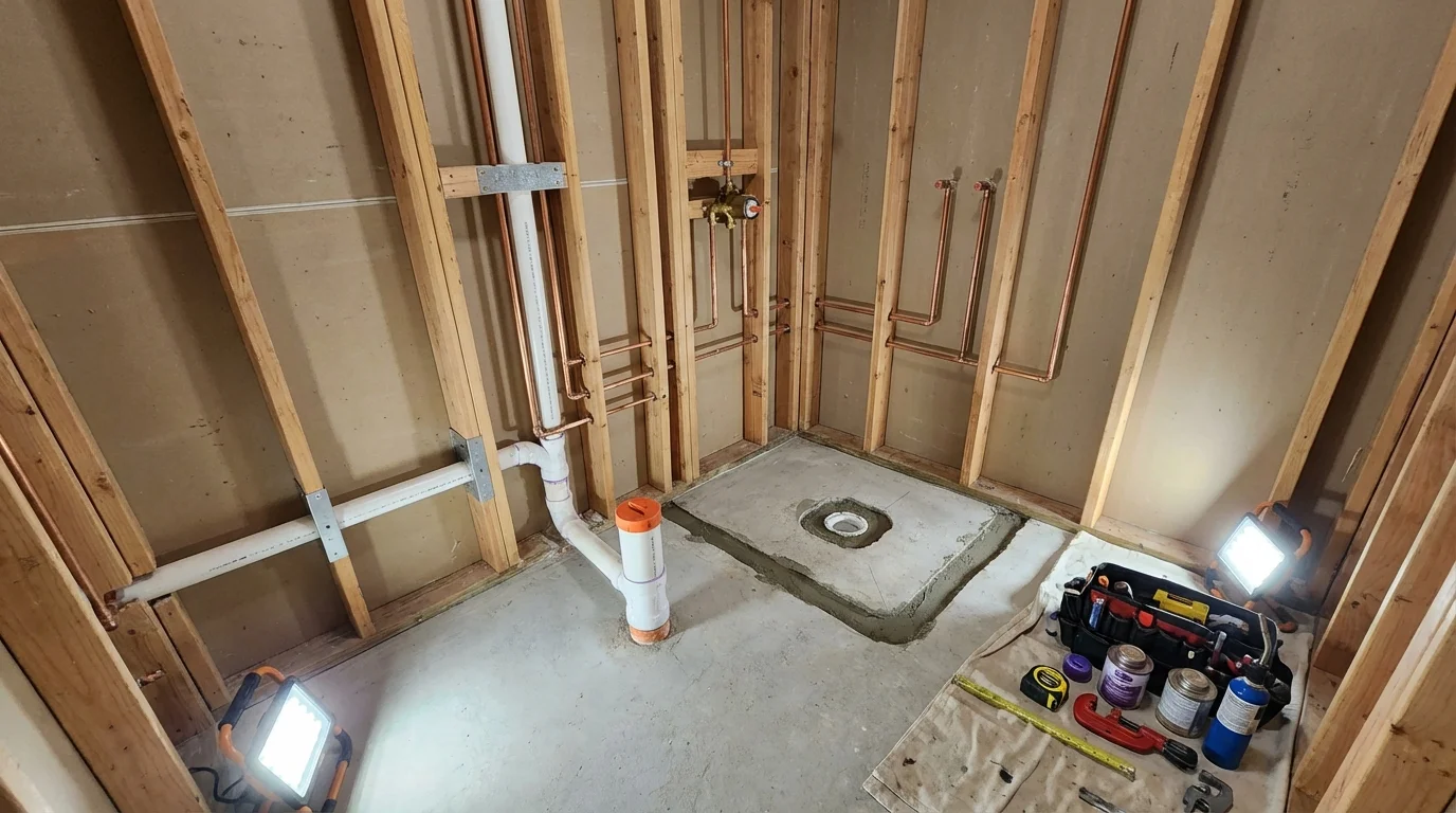 Bathroom rough-in plumbing during remodel by Johns Plumbing LLC in Jamul