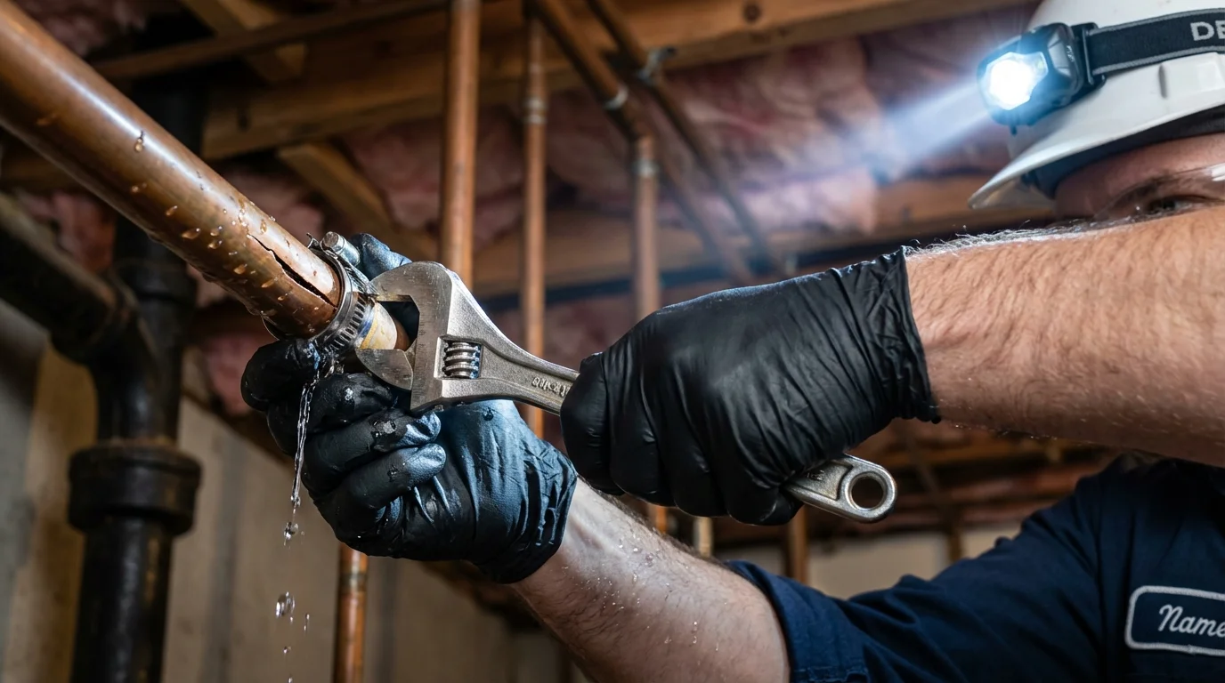 Emergency pipe clamp repair being performed by a Johns Plumbing LLC plumber in Jamul