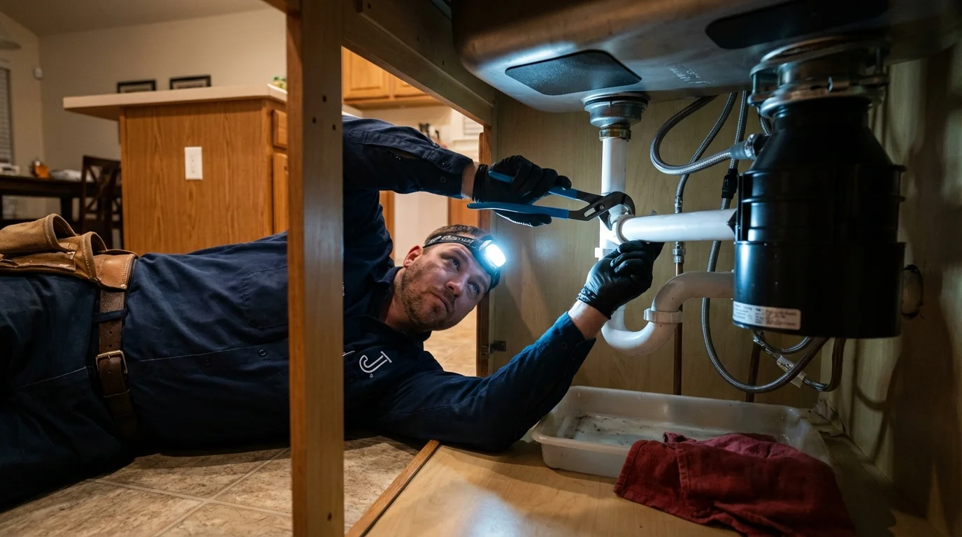 P-trap and supply line connections under a kitchen sink showing a common leak point in Jamul, CA